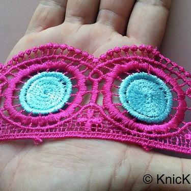 Fuchsia Pink And Blue Embroidery Crochet (Cotton) Lace Trim 55mm Wide